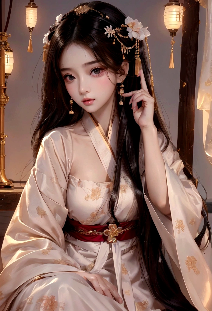 Best image quality、8K、masterpiece:1.3))、Realistic high-quality photos、Highest quality、 Beautiful face、Photos of slim models、Beautiful girl model、Young and pretty face、Beautiful model girl、A lovely and delicate face、Black Hair、Beautiful brown eyes、Young Body、Hanfu, (emphasize)、from the front、Camera gaze,、Anatomically correct、胸の谷間をemphasize、whole body、13-year-old female model