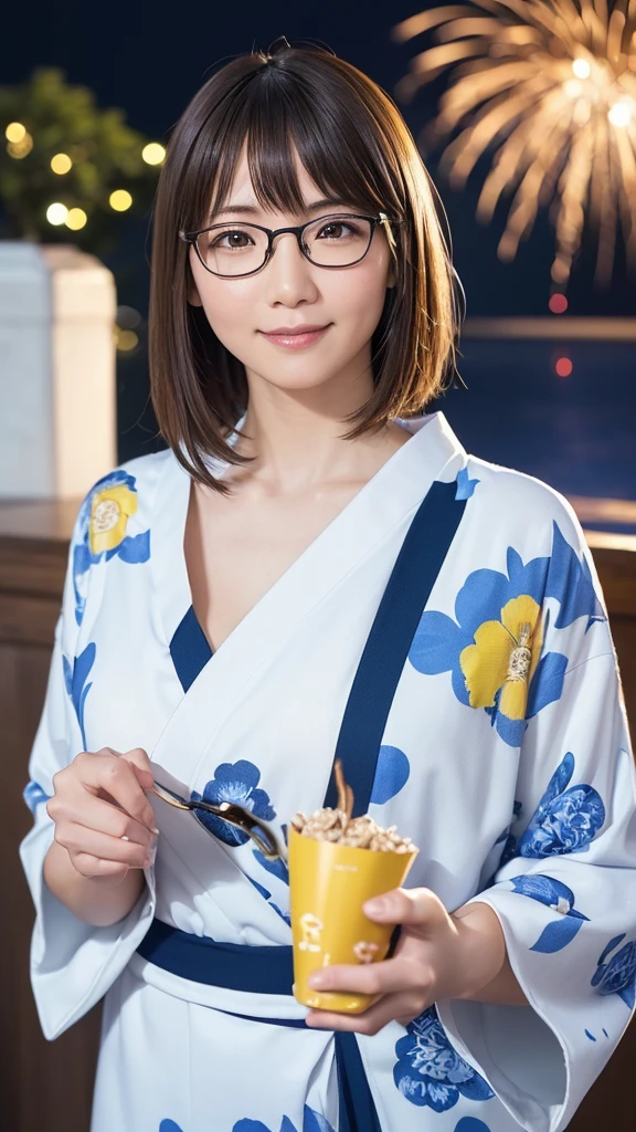 Japanese girl looking at the viewer, posing with a smile (highest quality, masterpiece))), (wear(Navy Yukata(White and yellow floral pattern)、High resolution, very detailed, masterpiece, cinematic lighting, (8K, highest quality, masterpiece: 1.2), (realistic, photorealistic: 1.37) high resolution, Super detailed, 1 girl, woman wearing glasses, thin frame round glasses, light colored glasses frames, ASİAN, cute, cute face, alone, short hair 1.2, rough skin, beautiful smile, beautiful detailed sky, Details cafe, night, movie lighting, Depth of the bounds written, lens flare light, On a date, (blush), (smile: 1 ),(closed your mouth), Beautiful eyes in every detail, (long hair: 1.2 floating hair nova frog style,Spectacular fireworks bursting into the night sky