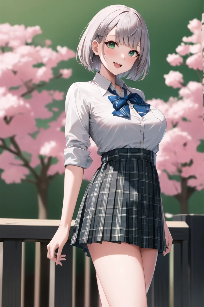 masterpiece, best quality, highres, ffnoel, short hair, x hair ornament, green eyes, blue bowtie, white shirt, collared shirt, black skirt, plaid skirt, pleated skirt, miniskirt, smile, outdoors, cherry blossoms, standing, cowboy shot, open mouth,