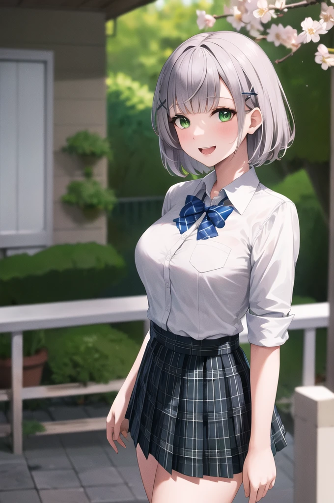 masterpiece, best quality, highres, ffnoel, short hair, x hair ornament, green eyes, blue bowtie, white shirt, collared shirt, black skirt, plaid skirt, pleated skirt, miniskirt, smile, outdoors, cherry blossoms, standing, cowboy shot, open mouth,