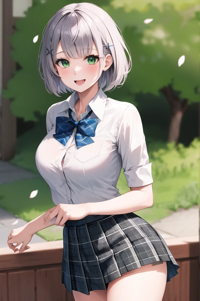 masterpiece, best quality, highres, ffnoel, short hair, x hair ornament, green eyes, blue bowtie, white shirt, collared shirt, black skirt, plaid skirt, pleated skirt, miniskirt, smile, outdoors, cherry blossoms, standing, cowboy shot, open mouth,