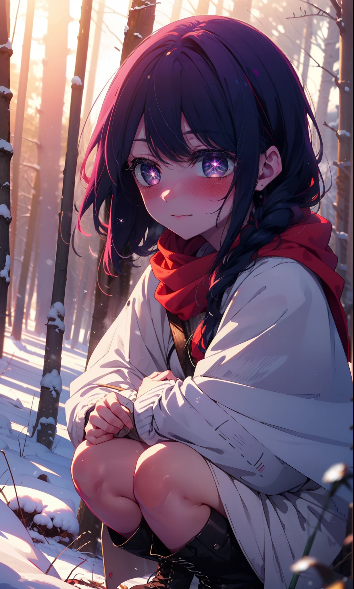 aihoshino, Ai Hoshino, Long Hair, bangs, (Purple eyes:1.1), Purple Hair, (Symbol-shaped pupil:1.5), smile,,smile,blush,White Breath,
Open your mouth,snow,Ground bonfire, Outdoor, boots, snowing, From the side, wood, suitcase, Cape, Blurred, , forest, White handbag, nature,  Squat, Mouth closed, Cape, winter, Written boundary depth, Black shoes, red Cape break looking at viewer, Upper Body, whole body, break Outdoor, forest, nature, break (masterpiece:1.2), Highest quality, High resolution, unity 8k wallpaper, (shape:0.8), (Beautiful and beautiful eyes:1.6), Highly detailed face, Perfect lighting, Highly detailed CG, (Perfect hands, Perfect Anatomy),
