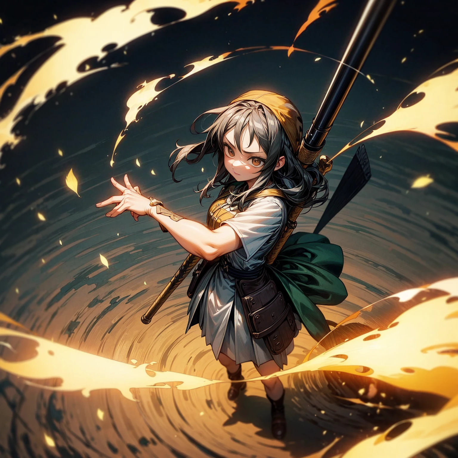 1girl, Full body version, 1character, adult version, gold eyes color, long haircut, (black color hair), bandana, medieval style clothing, bazooka in hand, Grassroots, full background in field forest, motion blur, smoke effect, lighting bazooka, fire, Fire lighting, (Hunter x Hunter style), standing gesture, plasma effect, aura effect, high angle view