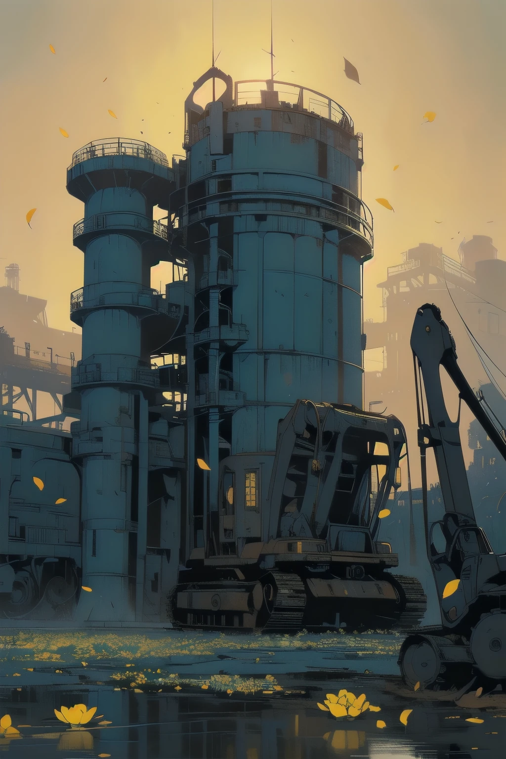 Detailed Machinery、Abandoned Factory、Atrium、White Flower Field、(((Rusty heavy equipment)))、Pitch Black Night、(((Blue dark)))、fog、Detailed Background、Top Quality、(((No humans)))、Broken heavy machinery、Complex heavy machinery、Faint lighting、(((Flying petals)))、Sunset、(((Dull colors)))、(((Yellow heavy machinery)))