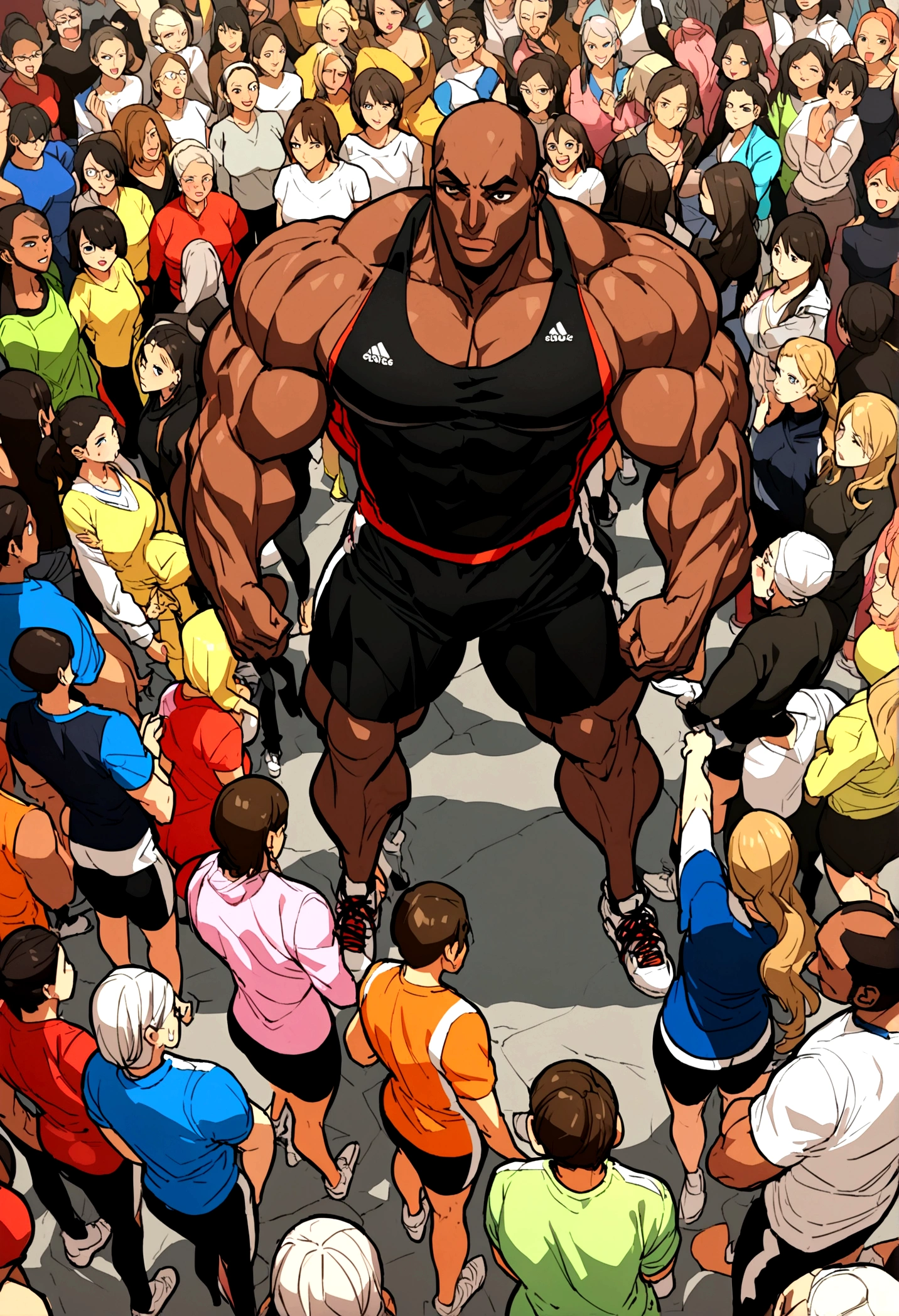 30 year old dark man, muscular, big arms, wearing sports clothes, surrounded by a car and many women