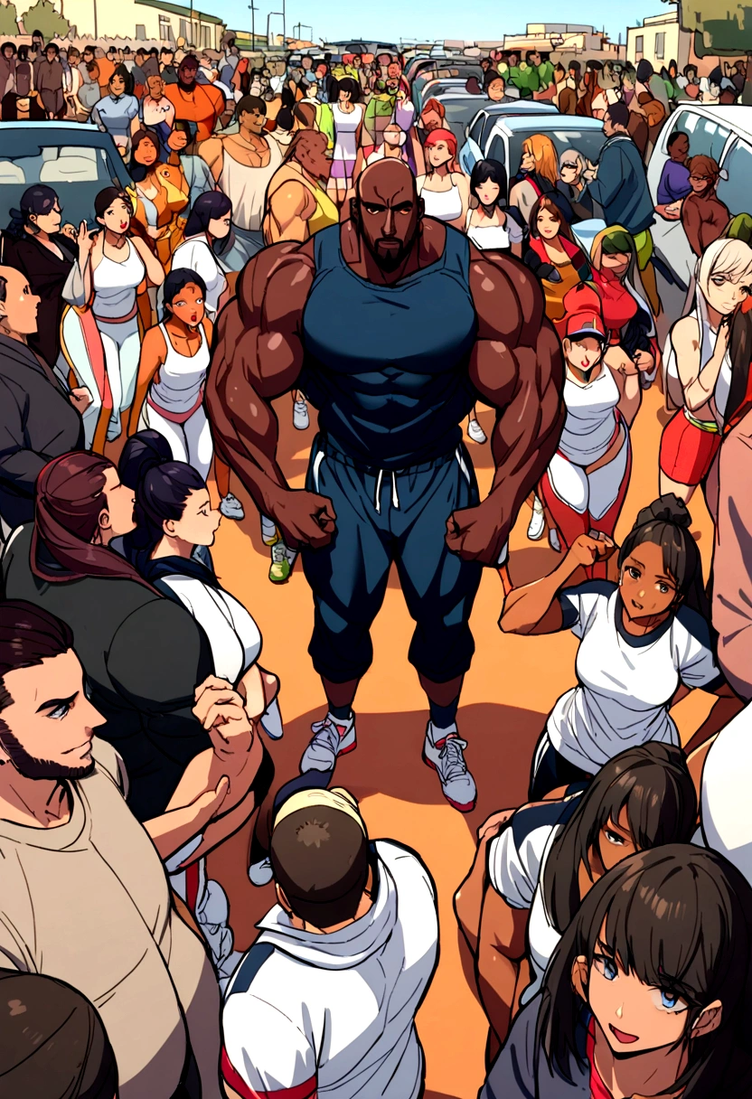 30 year old dark man, muscular, big arms, wearing sports clothes, surrounded by a car and many women