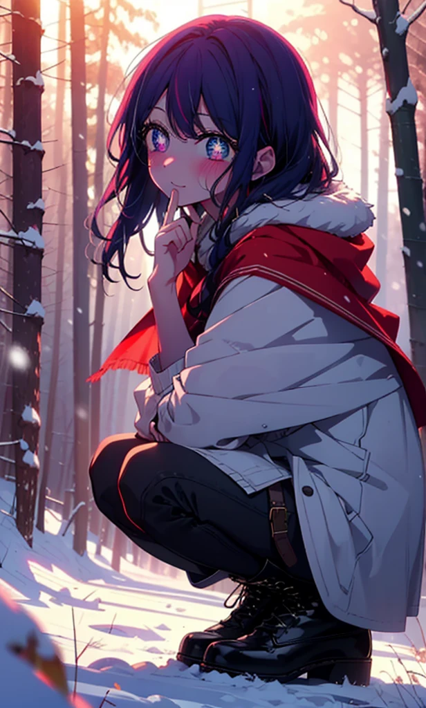 aihoshino, Ai Hoshino, Long Hair, bangs, (Purple eyes:1.1), Purple Hair, (Symbol-shaped pupil:1.5), smile,,smile,blush,White Breath,
Open your mouth,snow,Ground bonfire, Outdoor, boots, snowing, From the side, wood, suitcase, Cape, Blurred, , forest, White handbag, nature, Squat, Mouth closed, Cape, winter, Written boundary depth, Black shoes, red Cape break looking at viewer, Upper Body, whole body, break Outdoor, forest, nature, break (masterpiece:1.2), Highest quality, High resolution, unity 8k wallpaper, (shape:0.8), (Beautiful and beautiful eyes:1.6), Highly detailed face, Perfect lighting, Highly detailed CG, (Perfect hands, Perfect Anatomy),