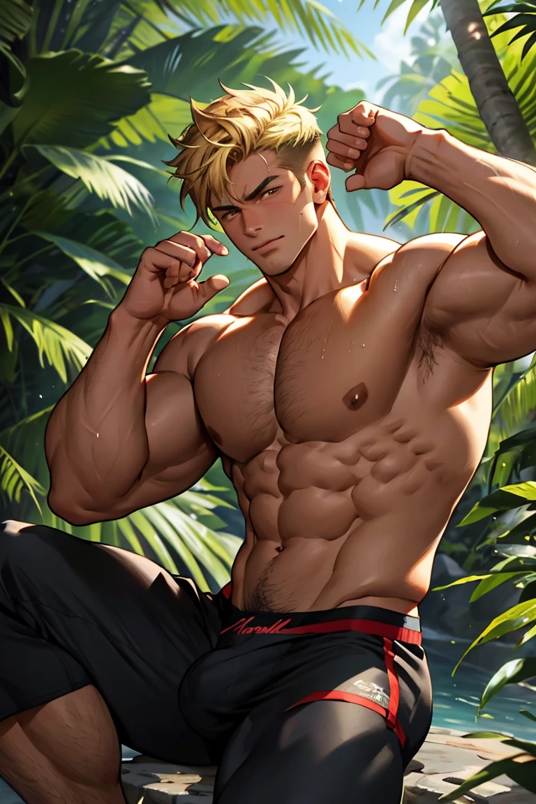 (masterpiece, Best quality 12 year old boy), 1 boy, adult, huge muscles, big body, Slightly modify the abdominal contour, Short blonde hair,brown eyes, complicated, Rainforest, Muscles sparkle in the sun,shirtless,pained expression,bite lip, bright colors,(depth of field:1.2),looking at the audience, sit on stone, huge hyper muscle, huge chest, visible bulge, penis bulge, hands up, bulky body, big chest, hands up, detailed armpit, close eye, flexing muscle, veiny muscle