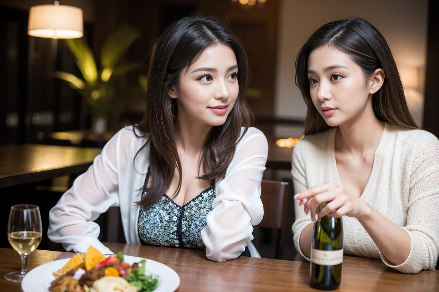 ((Highest quality、8K、masterpiece:1.3))、cute、Slim Couple、Model Couple、(Realistic, Intricate details:1.2), Beautiful Indonesian Princess, (Brown Hair), (White skin),full-course dinner、Wine Party、Amazing view of the sunset sky and clouds、Sweet eye angle, Ultra HD 8K, Ultra-realistic, photograph, Cinematic, photograph, Wide-angle, Detailed Visuals, 3D Rendering, Soft texture, Realistic, Close up zoom in, (Front view), ((View your viewers)), Perfect corner angle, Thin lips, Natural Beauty, (soft and super White skin), Perfect Skin, (masterpiece), (Beautiful attention to detail), (Makes your face smaller), No makeup, Skinny Wine Bottle、Champagne、sparkling wine、Two beauties、Brown Hair、Shortcuts、Long sleeve shirt、dress、