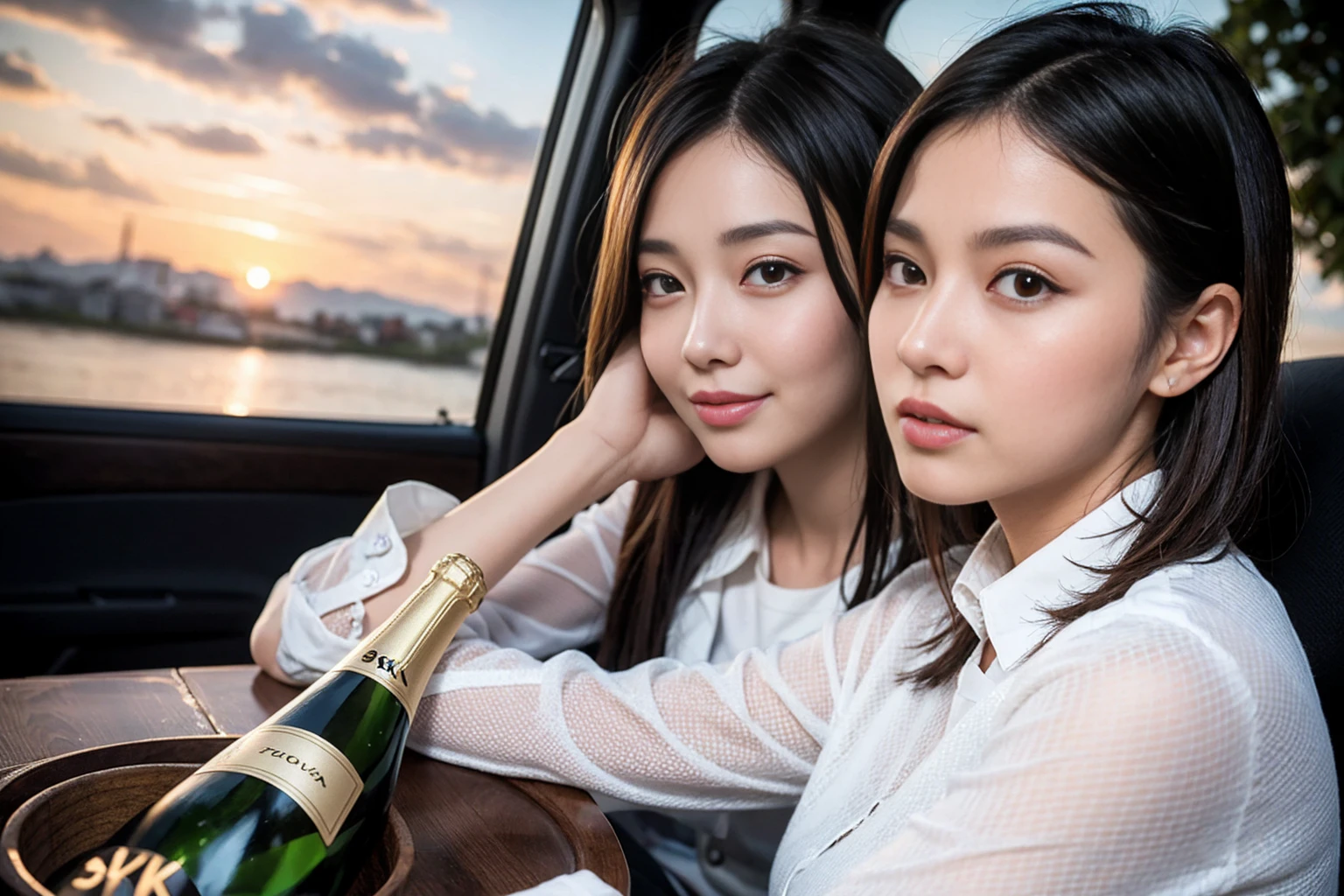 ((Highest quality、8K、masterpiece:1.3))、cute、Slim Couple、Model Couple、(Realistic, Intricate details:1.2), Beautiful Indonesian Princess, (Brown Hair), (White skin),full-course dinner、Wine Party、Amazing view of the sunset sky and clouds、Sweet eye angle, Ultra HD 8K, Ultra-realistic, photograph, Cinematic, photograph, Wide-angle, Detailed Visuals, 3D Rendering, Soft texture, Realistic, Close up zoom in, (Front view), ((View your viewers)), Perfect corner angle, Thin lips, Natural Beauty, (soft and super White skin), Perfect Skin, (masterpiece), (Beautiful attention to detail), (Makes your face smaller), No makeup, Skinny Wine Bottle、Champagne、sparkling wine、Two beauties、Brown Hair、Shortcuts、Long sleeve shirt、dress、