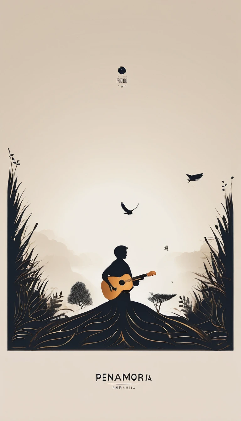A minimal, modern, simple, cinematic logotype for the brand “Penamemoria". The logotype must be a simple, magical feather and a boy playing acoustic guitar. The logo must convey a sense of music, stories and dreams. Logo design impressed on a book cover. Minimalistic logo