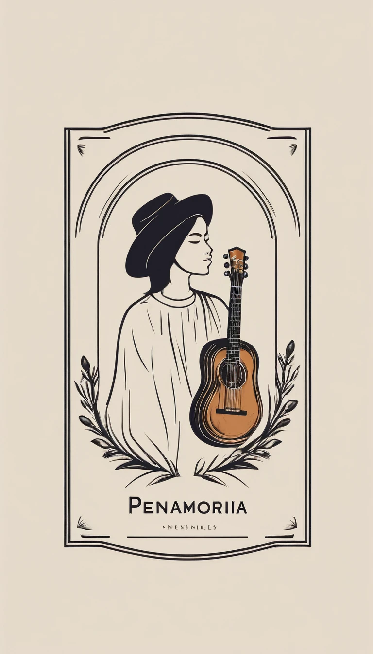 A minimal, modern, simple, cinematic logotype for the brand “Penamemoria". The logotype must be a simple, magical feather and a boy playing acoustic guitar. The logo must convey a sense of music, stories and dreams. Logo design impressed on a book cover. Minimalistic logo