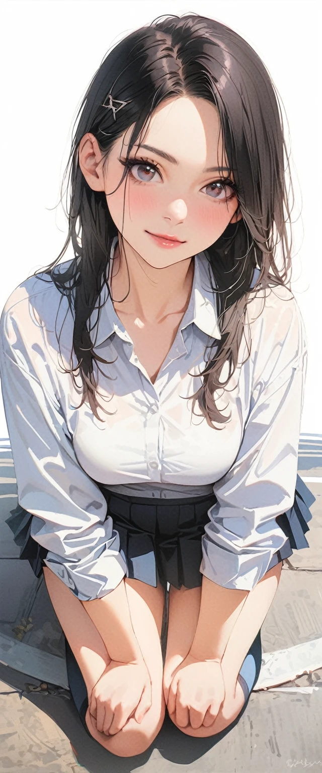 20 years old,1 mature woman,hyperrealistic, 8k, (extremely detailed 8k), (very delicate and beautiful), (masterpiece), (better quality:1.0), (ultra high resolution:1.0), (masterpiece, best quality),cute,black hair,ponytail,POV,full body,white background,realistic skin,collared shirt, pleated skirt, , bow,,model posing