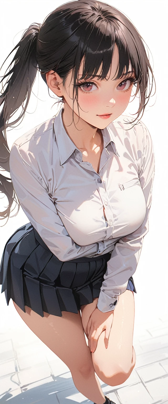 20 years old,1 mature woman,hyperrealistic, 8k, (extremely detailed 8k), (very delicate and beautiful), (masterpiece), (better quality:1.0), (ultra high resolution:1.0), (masterpiece, best quality),cute,black hair,ponytail,POV,full body,white background,realistic skin,collared shirt, pleated skirt, , bow,,model posing