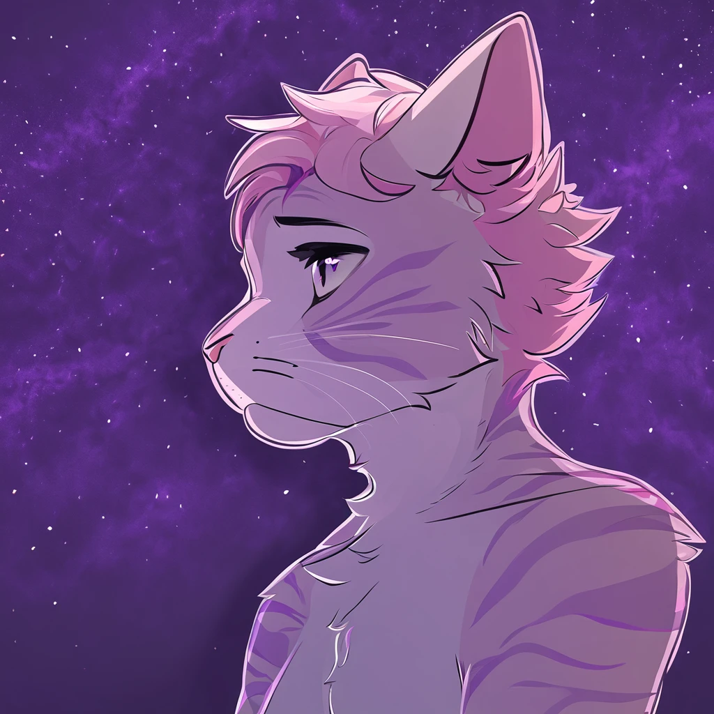 adult, feline, mammal, anthro, anthropomorphic, cat, striped, fur, striped_feline, fur, male, light_purple, pink_hair, fluffy, dark_purple, purple_chest, shy, small_pupils, digital_art, high_resolution, high_res, hand-drawn, pencil_lines, head_visible, background, neck_visible, seductive_face, detailed_line_work, profile_picture, head_visible, purple_galaxy_background,