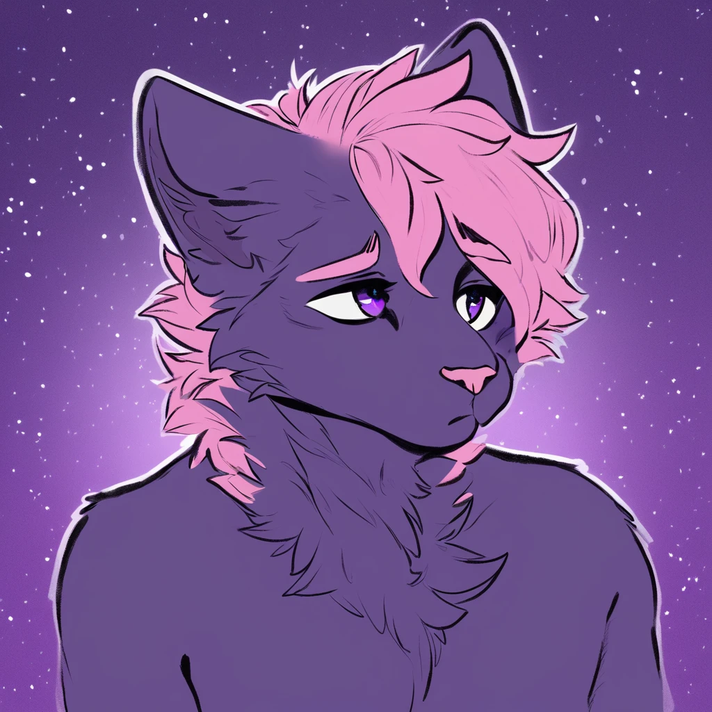 adult, feline, mammal, anthro, anthropomorphic, cat, striped, fur, striped_feline, fur, male, light_purple, pink_hair, fluffy, dark_purple, purple_chest, shy, small_pupils, digital_art, high_resolution, high_res, hand-drawn, pencil_lines, head_visible, background, neck_visible, seductive_face, detailed_line_work, profile_picture, head_visible, purple_galaxy_background,