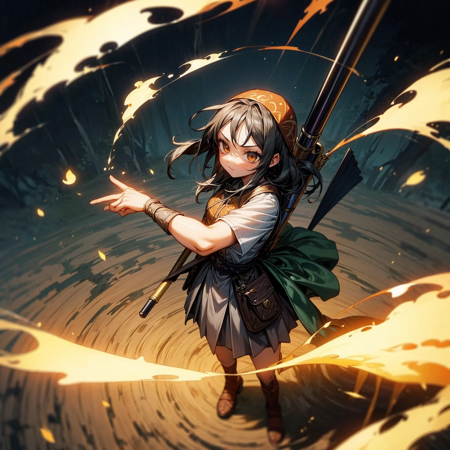 1girl, Full body version, 1character, adult version, gold eyes color, long haircut, (black color hair), bandana, medieval style clothing, bazooka in hand, Grassroots, full background in field forest, motion blur, smoke effect, lighting bazooka, fire, Fire lighting, (Hunter x Hunter style), standing gesture, plasma effect, aura effect, high angle view