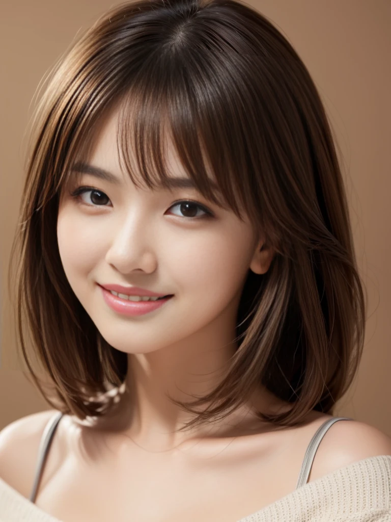 masterpiece, Highest quality, Super detailed, 複雑に詳細なSuper detailed, Realistic, Sharp features, Very detailed, Sharp focus, Perfect Face, Perfect Face, Perfect symmetrical perfect eyes, Perfect Plump Lips, Flexible female form, Cinematic, Film Light, Super detailed, hyper Realistic, High resolution, Vibrant, Dynamic Studio Lighting, ((Light background)), (A modest smile), (Captivating smile), Light brown hair, Asymmetrical Hair, Asymmetrical bangs, Messy Hair, Exposed deep cleavage, Brown eyes, black off shoulder sweater, Cowboy Shot,