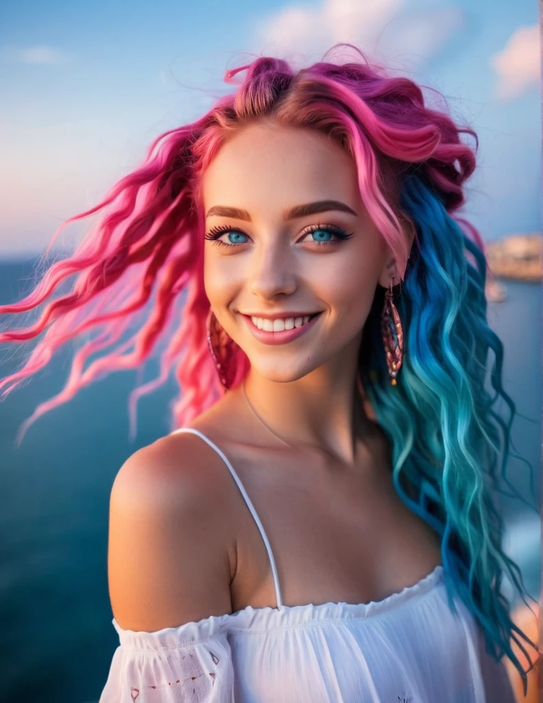 very attractive 25 year old girl with long wavy bright pink hair, A stunning night close-up picture of  the face smiling, an elglish model with blue eyes and bright pink dreadlocks, wearing a white short dress that reveals her fit beautiful body, she is in a club partying close to the Mediterranean sea, rocky islands on the background and white clouds in the sky.