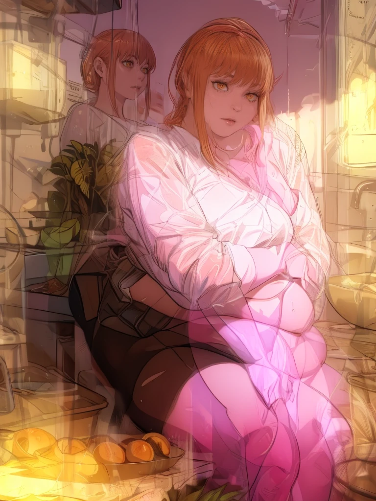 Le personnage Makima de la série animée Chainsaw Man, fragile, obésité morbide, ssbbw, pleine longueur (corps entier 1.1.), fond sombre, obscurité, anatomie correcte 1.1, anatomie correcte de la main, Très féminin, corps gras et rond, grosses Jambes, fesses, beau corps obèse, ventre rond et mou très gras, cheveux roux, Yeux oranges, Cercles rouges pour les écoliers, chemise blanche, jupe noire, cravate noire, pose sexy, réaliste, very détaillé, beau corps, détaillé body, détaillé hands, détaillé, vibrant, détaillé Face, Conception des personnages de Makima. very détaillé, détaillé body, détaillé hands, détaillé Face, Art animé, Hugh Détails, Visage très abattu, détaillé eyes, Illustration ultra fine, Meilleure ombre, détail fin, beautiful détaillé glow, beautiful détaillé, Extraordinairement beau, extremely détaillé, inexpressif, composition épique, Style animé. art animé, Style animé. Jupe noire, chemise blanche, cravatte, pose sexy. Double menton, visage très gras, grosses joues, joues potelées