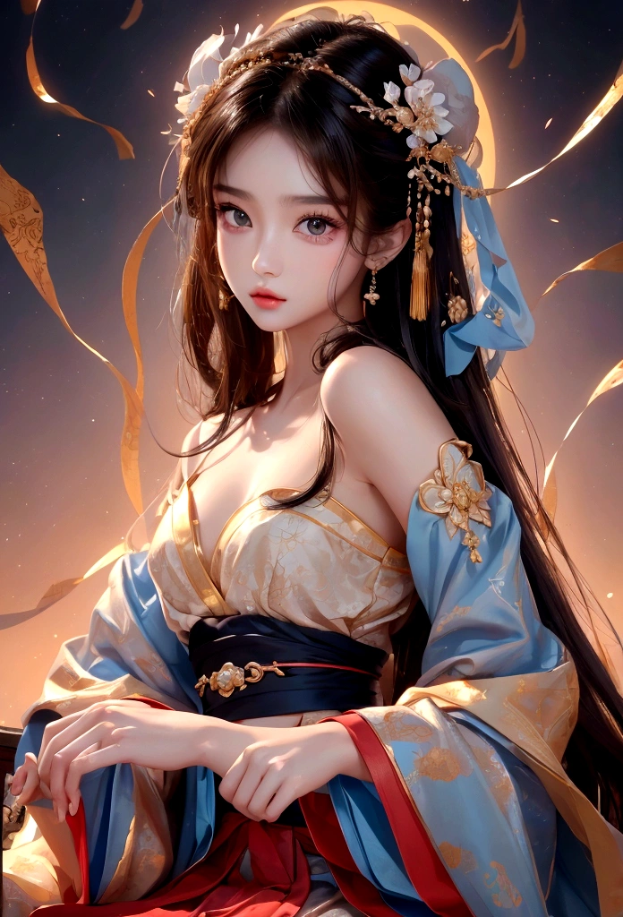 Best image quality、8K、masterpiece:1.3))、Realistic high-quality photos、Highest quality、 Beautiful face、Photos of slim models、Beautiful girl model、Young and pretty face、Beautiful model girl、A lovely and delicate face、Black Hair、Beautiful brown eyes、Young Body、Hanfu, (emphasize)、from the front、Camera gaze,、Anatomically correct、胸の谷間をemphasize、whole body、13-year-old female model