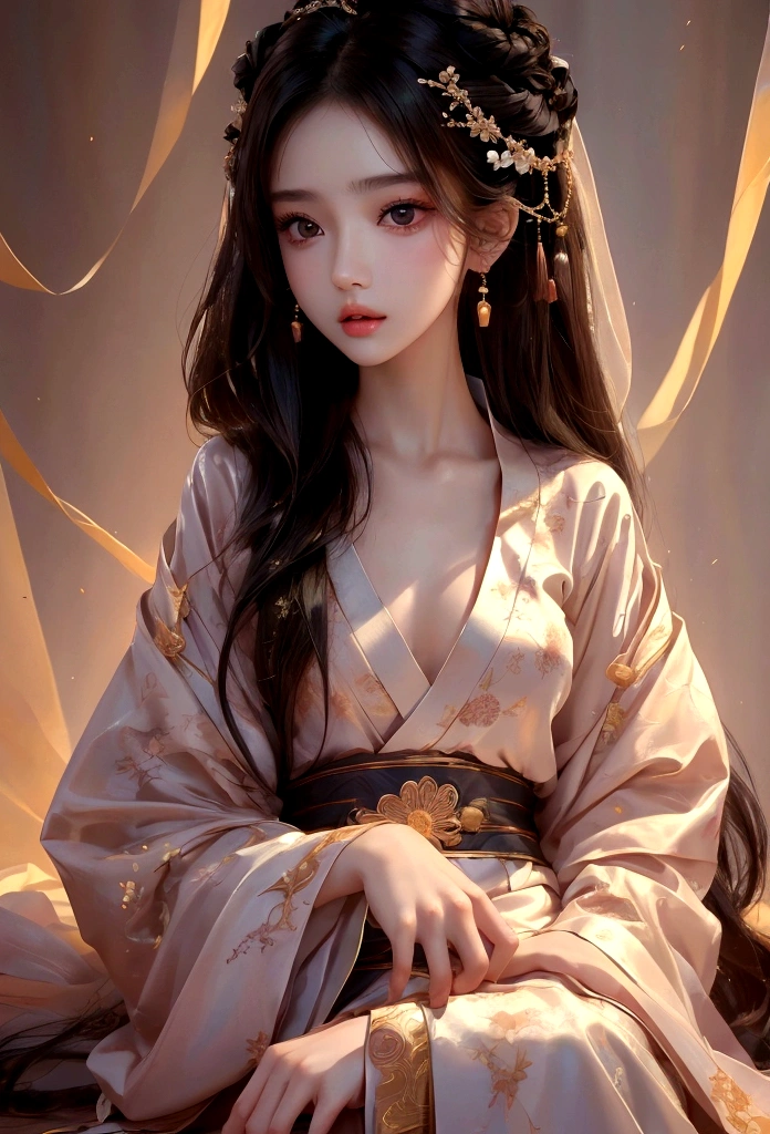 Best image quality、8K、masterpiece：1.3))、Realistic high-quality photos、Highest quality、 Beautiful face、Photos of slim models、Beautiful girl model、Young and pretty face、Beautiful model girl、A lovely and delicate face、Black Hair、Beautiful brown eyes、Young Body、Hanfu, (emphasize)、from the front、Camera gaze,、Anatomically correct、胸の谷間をemphasize、whole body、13-year-old female model
