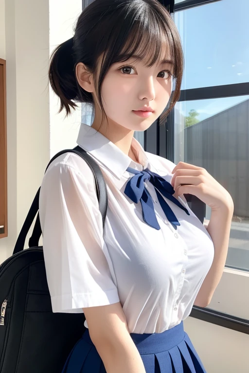 （（Browsing Caution））（masterpiece）（Highest quality）（Very detailed）1 female，17 years old，Japanese，155cm，high school student　Black Hair,short hair,bag,Short Ponytail,, Short sleeve shirt,blouse　Transparent　Short skirt　(Small breasts)　School,classroom,window,sunlight,blue sky　whole body　3d