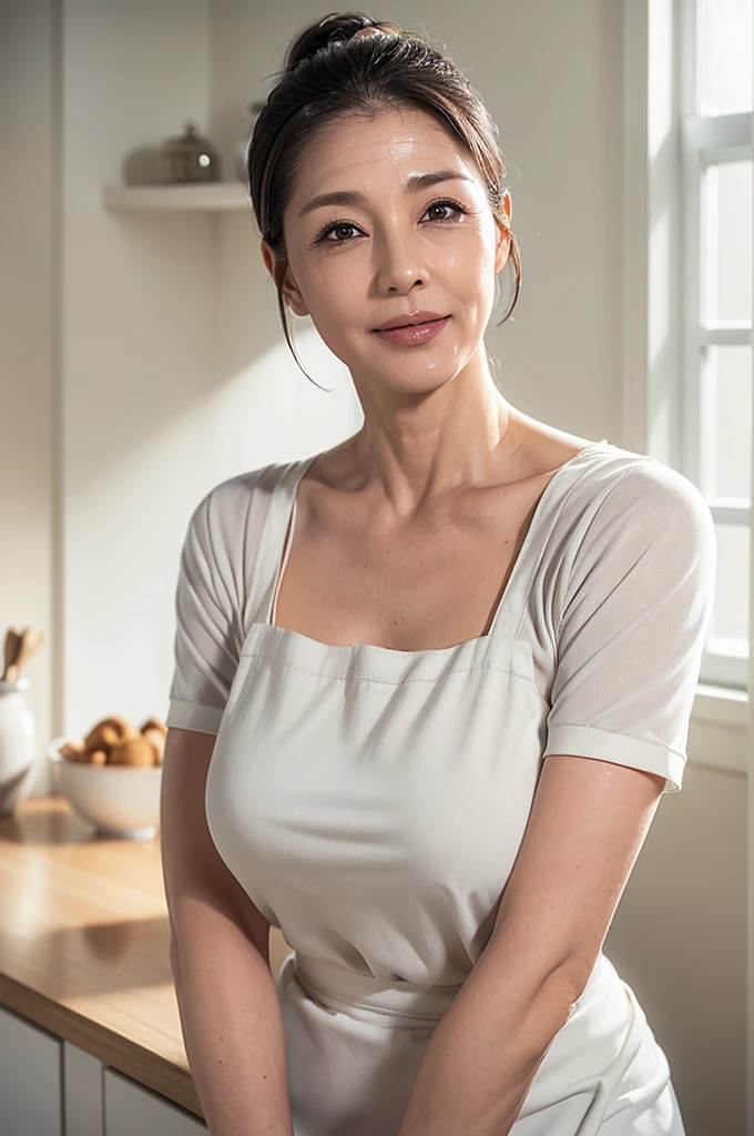 (masterpiece:1.4),(59 years old female :1.5),(Facial wrinkles:1.2), (side ponytail hair : 1), gentle smile, beautiful Mature Woman, glossy make up, (thick lips), (White apron : 1.3), (short-sleeve blouse : 1.2), (collar bone), pores, Skin blemishes, fleckled skin, realistic detailed skin, (Plump arms : 1.3), kitchen, asymmetry face