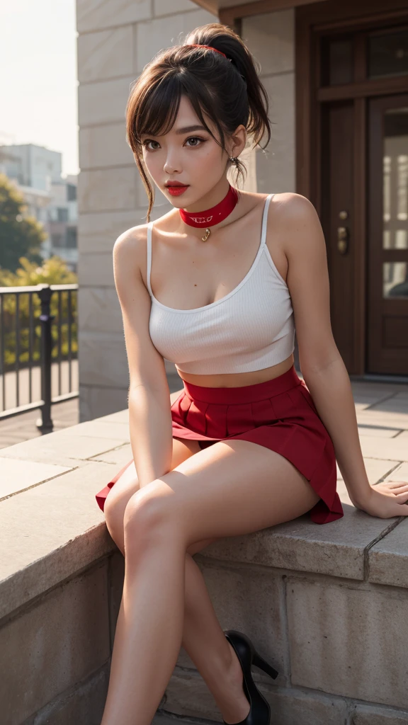 Ultra high quality，8K，gal girl，Sexy and feminine, high and cold，Enchanting，The head proportions are perfect，Gray high ponytail，Wear a short top, Short red high-waisted skirt，Flaming red lips，Swan neck，chokers，sun is shining, She's sitting with her legs spread