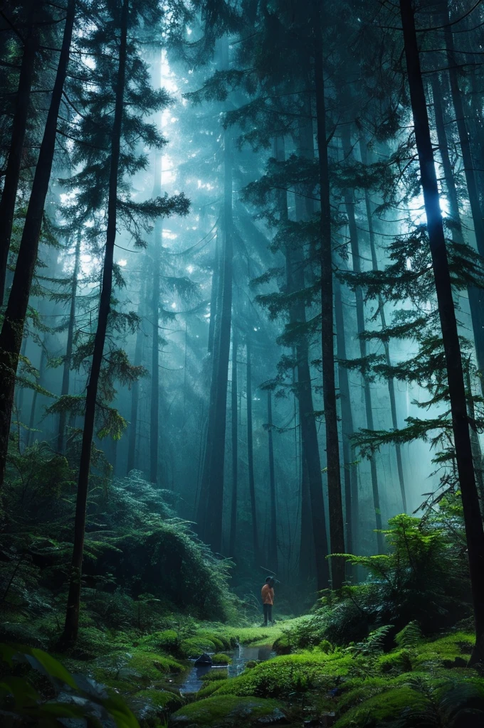 A mysterious space where it is raining in a dim forest