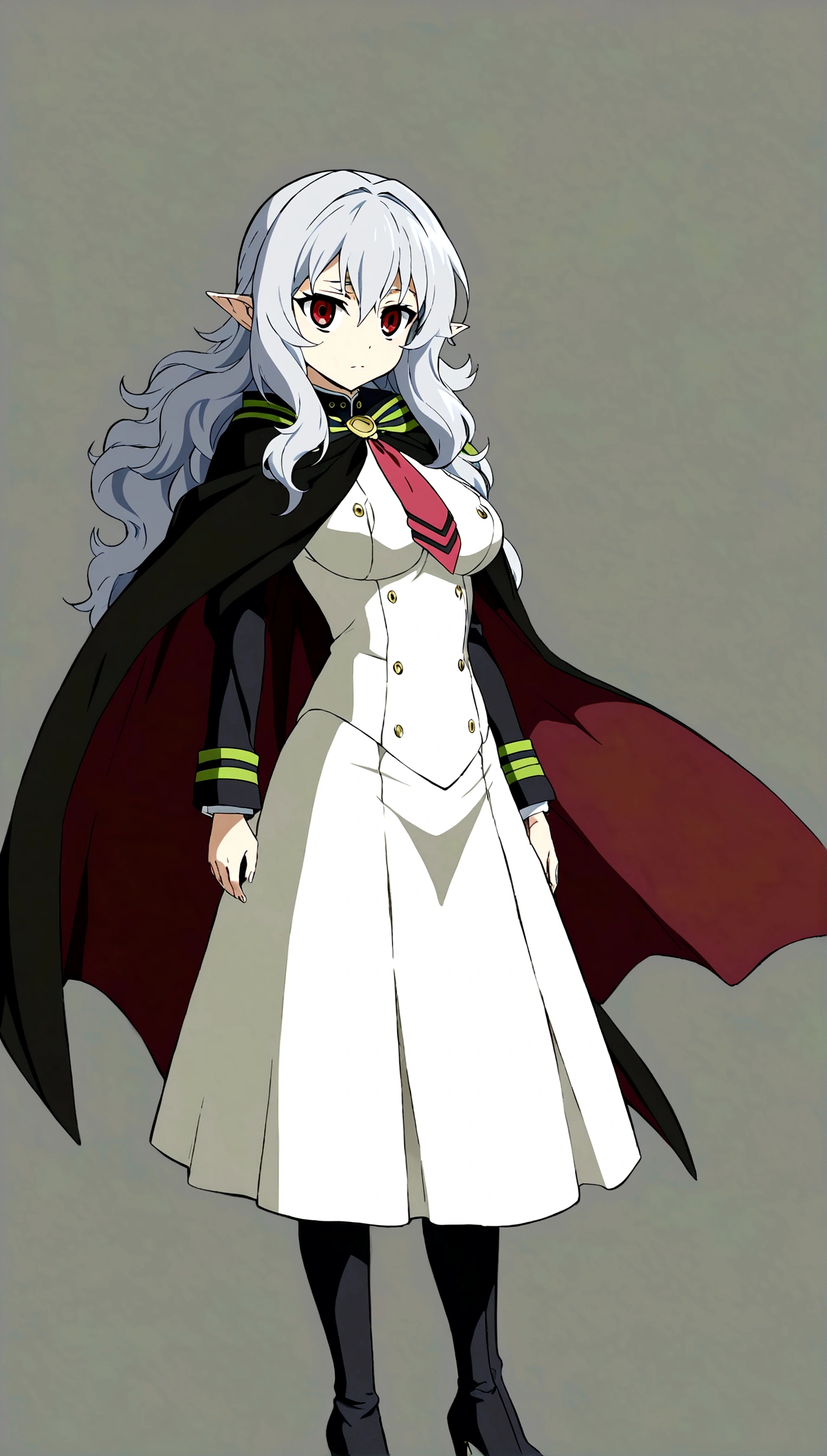 Anime. Owari no Seraph. 1 girl. Cute girl. A vampire. Progenitor. Clumsy ancestor. Silver hair. Wavy hair. Long hair. Red eyes. Beautiful eyes. Perfect eyes. Expressive eyes. Pointy ears. Ideal face. 18 years. Big breasts. Beautiful breasts. Ideal anatomical body. Beautiful long legs. White dress. The dress is the Progenitor uniform from Owari no Seraph. Black stockings. Knee-high boots. Boots with heels. Standing. Full height. Beautiful character design. Shiny skin. Whole body. nsfw. Official art. Extremely detailed CG Unity 8k wallpaper. Ideal lighting. Ultra high resolution 4K. Super detailed 8K. A high resolution.