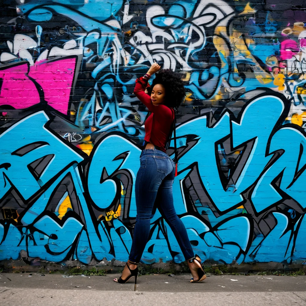 Prompt: Envision capturing a shot of a vibrant, bold woman against the backdrop of graffiti-filled urban walls. This scene should reflect the raw energy and expressive nature of urban street art. Graffiti is all about making a statement - it's loud, colorful, and unapologetically honest. Your subject, the woman, should embody this spirit – her style, stance, and expressions revealing insights into her character. Use natural or urban lighting to bring out the vivid colors of the graffiti, casting dramatic shadows that highlight the texture and depth of the artwork behind her. Embrace the wide view of the graffiti-covered cityscape as an intriguing backdrop subtly suggesting her connection to street culture. But remember to keep her as your main focus. When framing your shot, ensure you leave ample space around her. This not only adheres to photographic rules of composition but also emphasizes her dominance within this vast canvas. Avoid cluttering your shot with too many elements, maintaining graffiti's raw and minimalist approach. Instead aim to capture an atmospheric portrait that weaves a story about the woman, her personality and her relationship with the urban environment surrounding her. Consider using equipment like Canon EOS 5D Mark IV & EF 24-70mm f/2.8L II USM for detailed capture and wide-angle possibilities. Remember, your goal goes beyond just snapping a photo - it's about crafting a narrative that reflects graffiti’s boldness and expressiveness.