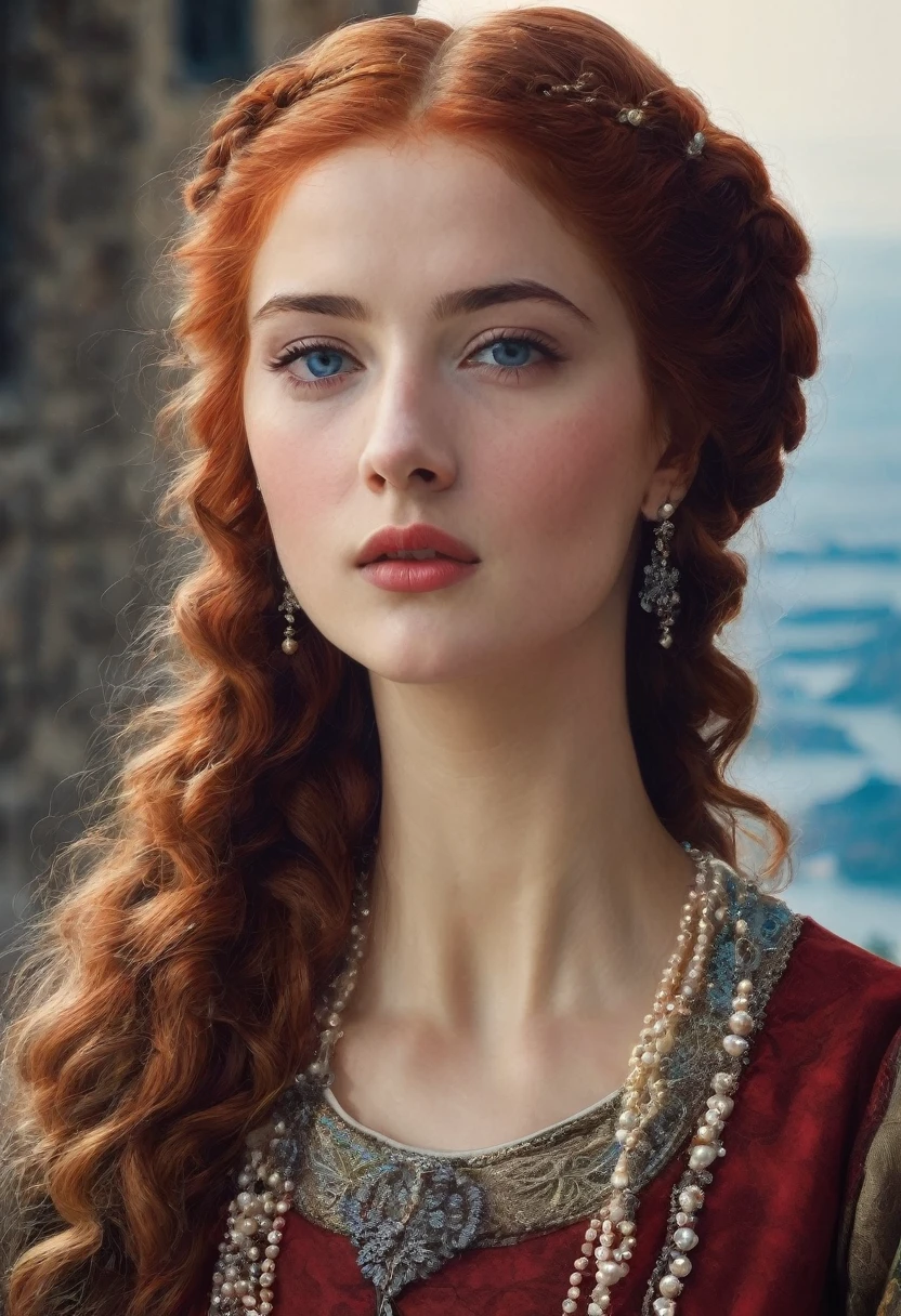 young woman(23 years old). Bright red, Wavy hair, braided(in the manner of Lucrezia Borgia или на манер таргариенов), pearl earrings in the ears, necklace of pearls on the neck. Eyes sky blue. The skin is pale, she has freckles. Elongated face, oval shape. Dress in Renaissance or Middle Ages style, in the manner of Lucrezia Borgia. Mouth wide, and your lips are full. Eyebrows are very thin and arched, Light. одета в платье in the manner of Lucrezia Borgia. Realism style.