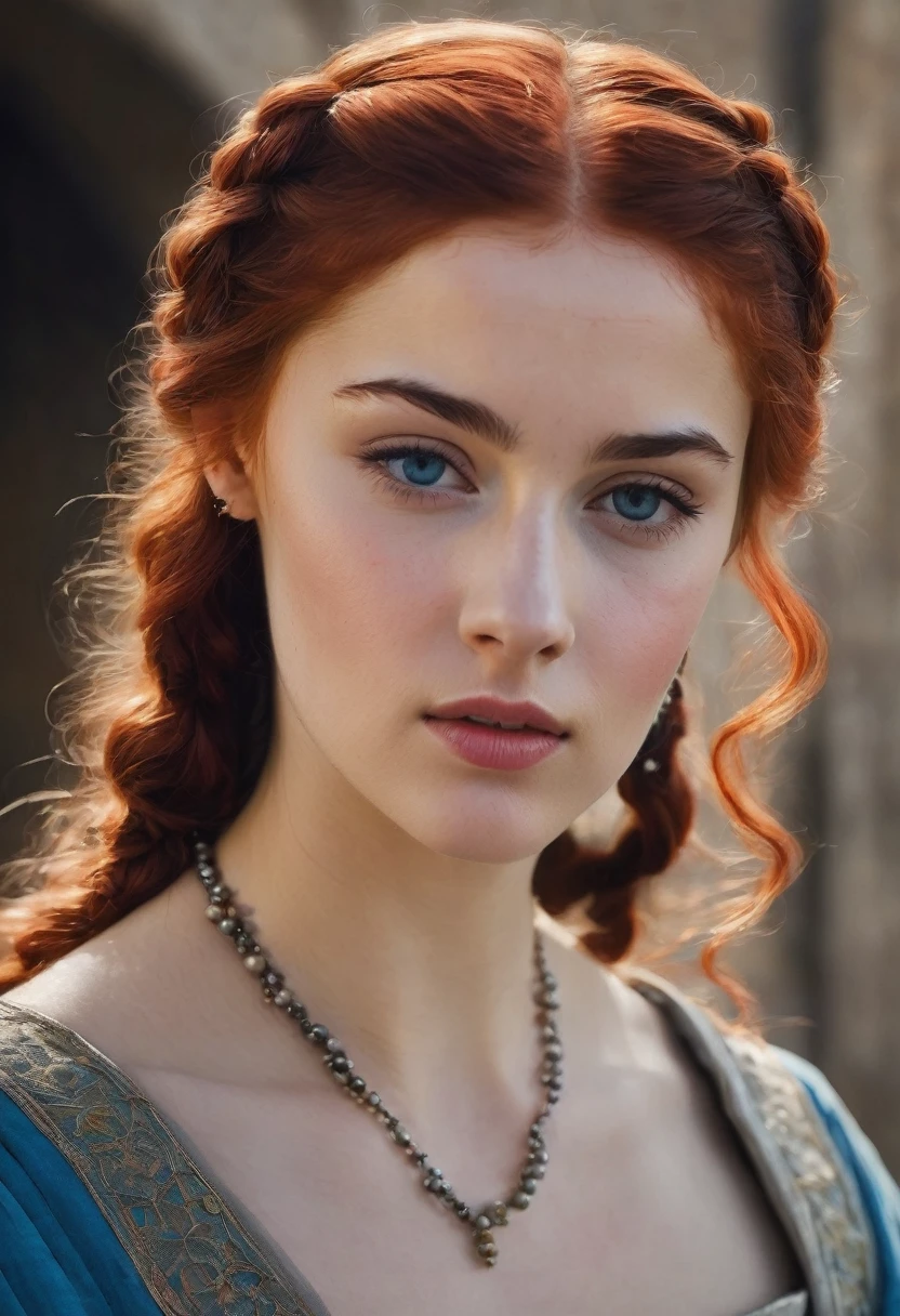 young woman(23 years old). Bright red, Wavy hair, braided(in the manner of Lucrezia Borgia или на манер таргариенов), pearl earrings in the ears, necklace of pearls on the neck. Eyes sky blue. The skin is pale, she has freckles. Elongated face, oval shape. Dress in Renaissance or Middle Ages style, in the manner of Lucrezia Borgia. Mouth wide, and your lips are full. Eyebrows are very thin and arched, Light. одета в платье in the manner of Lucrezia Borgia. Realism style.