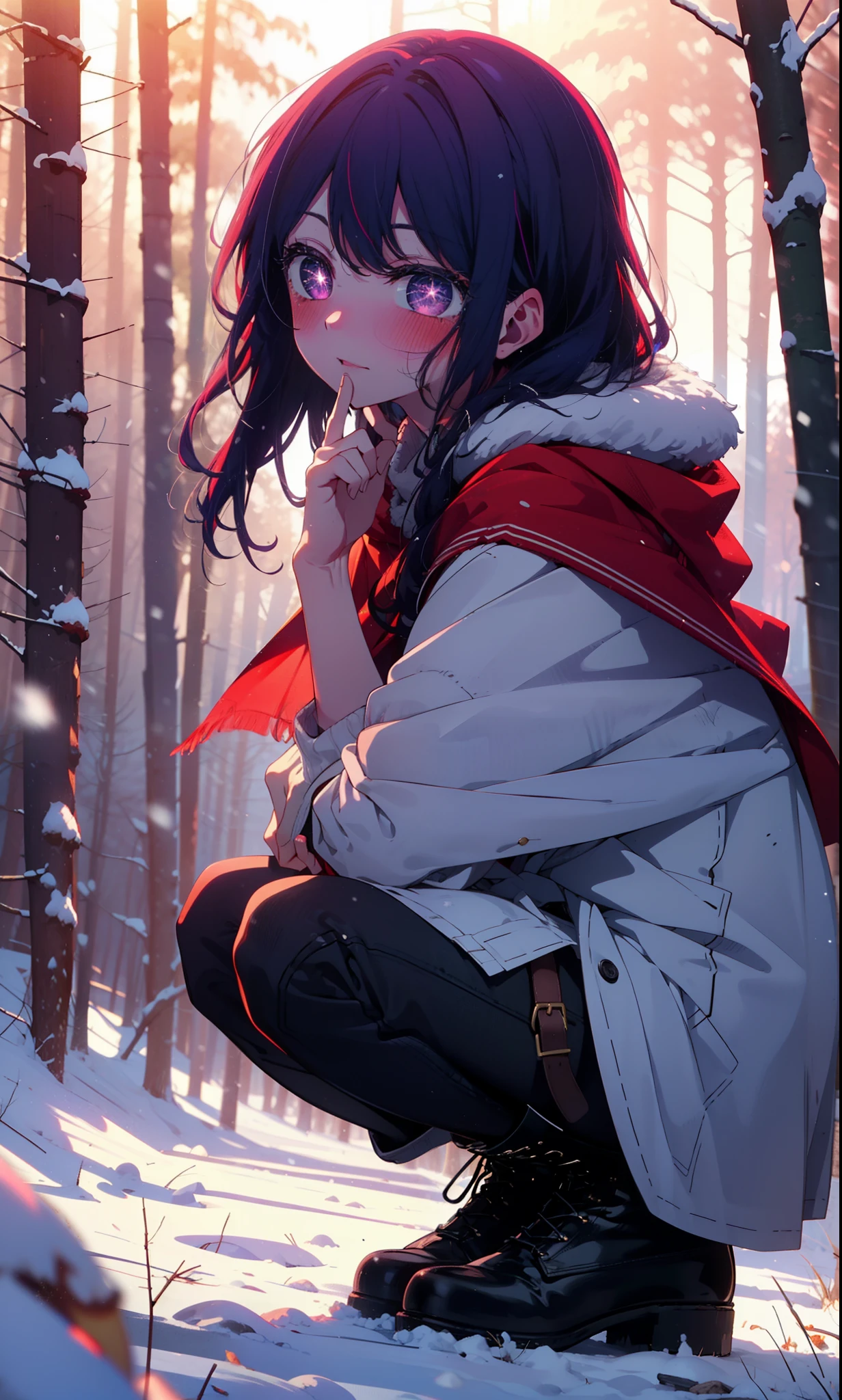 aihoshino, Ai Hoshino, Long Hair, bangs, (Purple eyes:1.1), Purple Hair, (Symbol-shaped pupil:1.5), smile,,smile,blush,White Breath,
Open your mouth,snow,Ground bonfire, Outdoor, boots, snowing, From the side, wood, suitcase, Cape, Blurred, , forest, White handbag, nature,  Squat, Mouth closed, Cape, winter, Written boundary depth, Black shoes, red Cape break looking at viewer, Upper Body, whole body, break Outdoor, forest, nature, break (masterpiece:1.2), Highest quality, High resolution, unity 8k wallpaper, (shape:0.8), (Beautiful and beautiful eyes:1.6), Highly detailed face, Perfect lighting, Highly detailed CG, (Perfect hands, Perfect Anatomy),