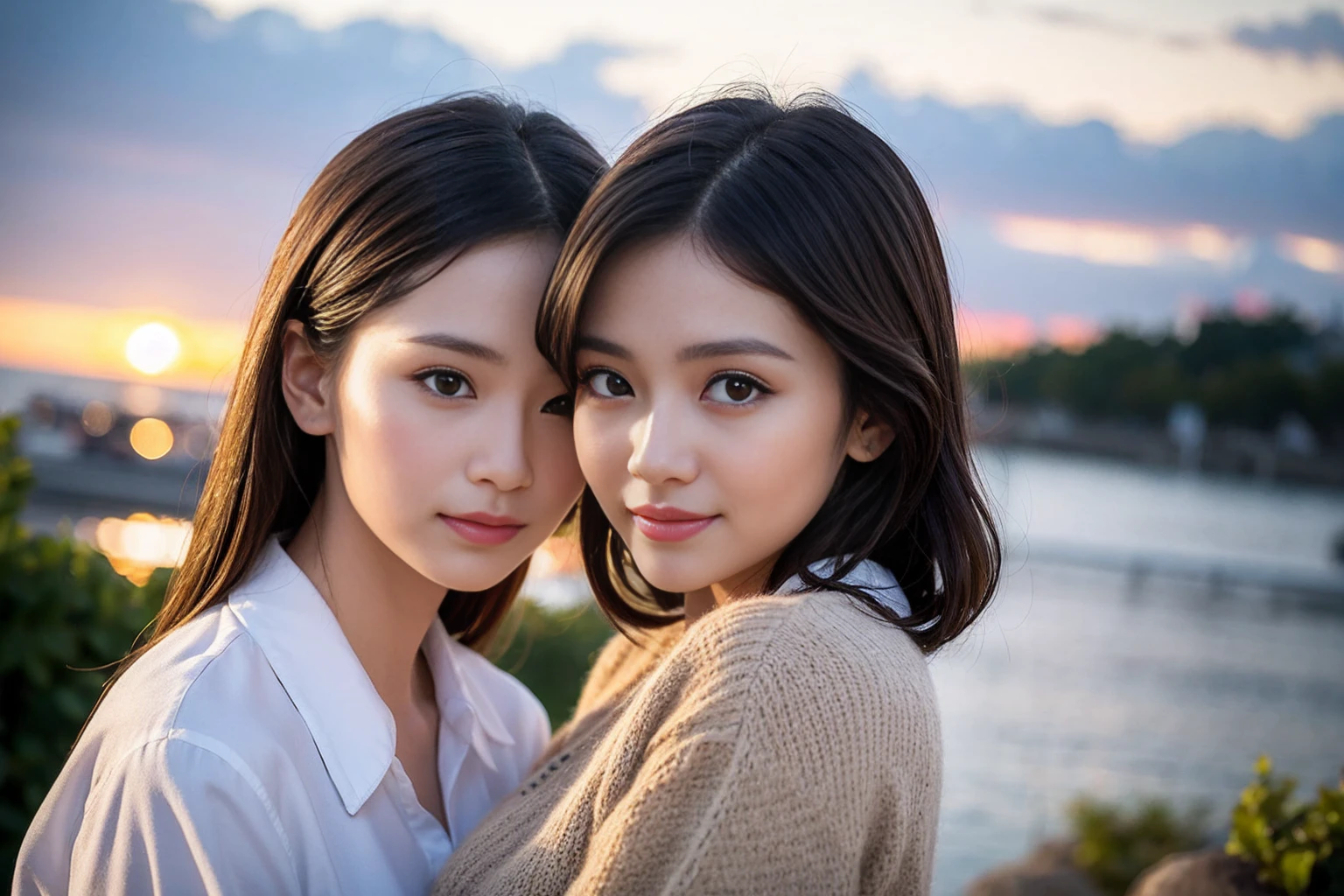 ((Highest quality、8K、masterpiece:1.3))、cute、Slim Couple、Model Couple、36 years old 39 years old、(Realistic, Intricate details:1.2), Beautiful princess, (Brown Hair), (White skin),full-course dinner、Wine Party、Amazing view of the sunset sky and clouds、Sweet eye angle, Ultra HD 8K, Ultra-realistic, photograph, Cinematic, photograph, Wide-angle, Detailed Visuals, 3D Rendering, Soft texture, Realistic, Close up zoom in, (Front view), ((View your viewers)), Perfect corner angle, Thin lips, Natural Beauty, (soft and super White skin), Perfect Skin, (masterpiece), (Beautiful attention to detail), (Makes your face smaller), No makeup, Skinny Wine Bottle、Champagne、sparkling wine、Two beauties、Brown Hair、Shortcuts、Long sleeve shirt、dress、