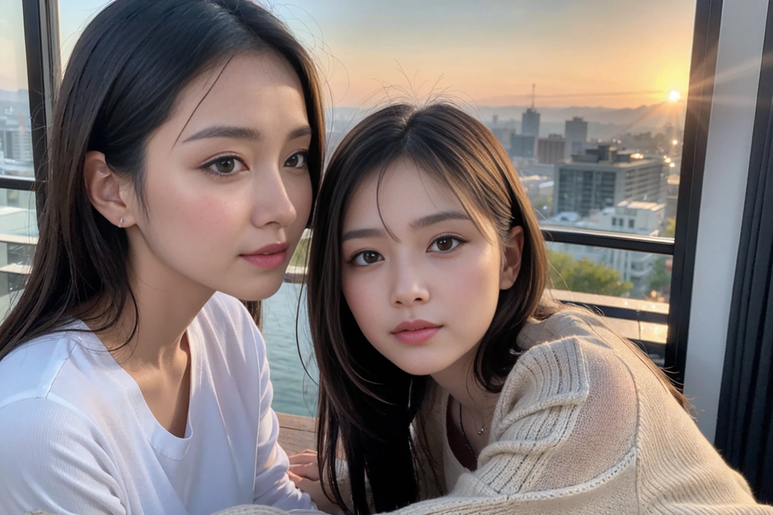 ((Highest quality、8K、masterpiece:1.3))、cute、Slim Couple、Model Couple、36 years old 39 years old、(Realistic, Intricate details:1.2), Beautiful princess, (Brown Hair), (White skin),full-course dinner、Wine Party、Amazing view of the sunset sky and clouds、Sweet eye angle, Ultra HD 8K, Ultra-realistic, photograph, Cinematic, photograph, Wide-angle, Detailed Visuals, 3D Rendering, Soft texture, Realistic, Close up zoom in, (Front view), ((View your viewers)), Perfect corner angle, Thin lips, Natural Beauty, (soft and super White skin), Perfect Skin, (masterpiece), (Beautiful attention to detail), (Makes your face smaller), No makeup, Skinny Wine Bottle、Champagne、sparkling wine、Two beauties、Brown Hair、Shortcuts、Long sleeve shirt、dress、