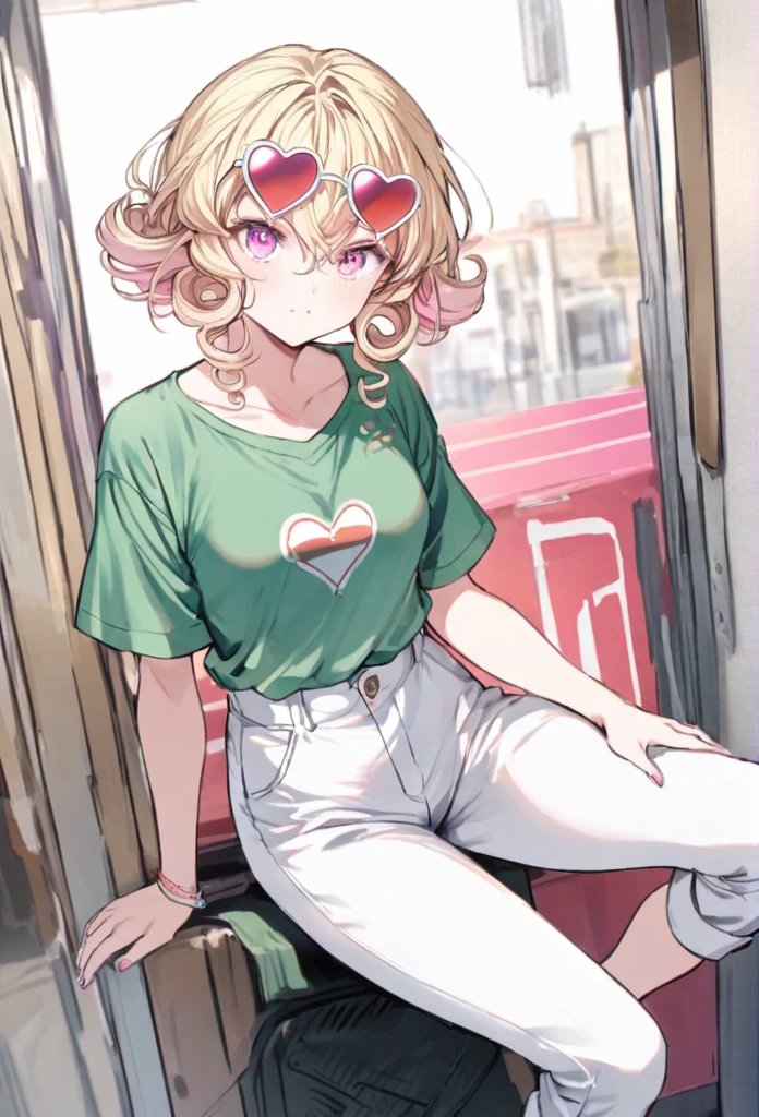 Short blonde curly hair, green denim shirt, white pants, pink eyes, standing with his legs crossed, heart-shaped sunglasses