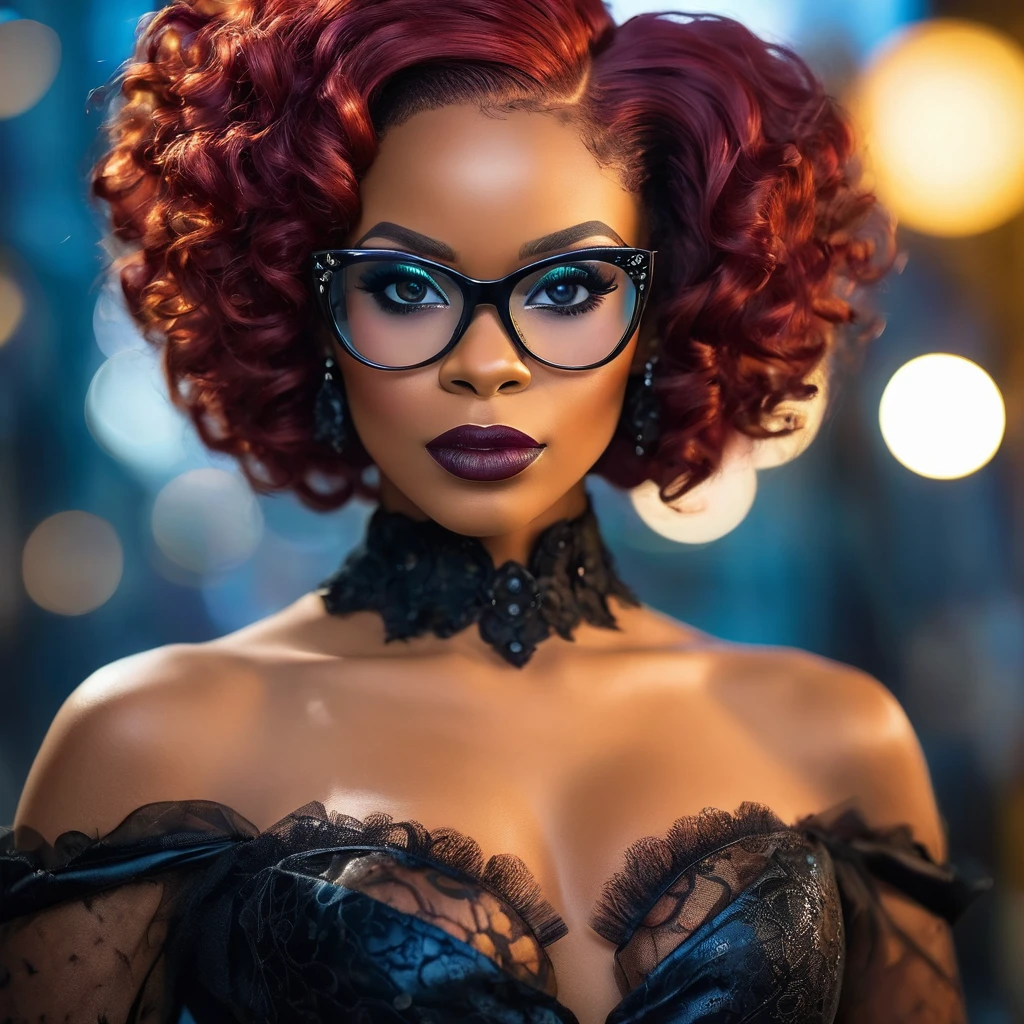 professional portrait, goth girl, African-American Velma from Scooby-Doo, voluptuous, a woman wearing glasses and lingerie, gorgeous figure, mesmerizing accentuated detailed big booty, glamor booty shot, interesting shapes, hyper realistic, ultra_detailed photograph, detailed gorgeous face, natural body posture, captured with a 85mm lens, Bokeh, ultra_detailed, ultra accurate details, Bokeh lighting, surrealism, urban setting, ultra unreal engine, intricate, epic, freckles, goth style mood, dark eye makeup, in the style of Jessica Drossin, dima dmitriev, life-size figure