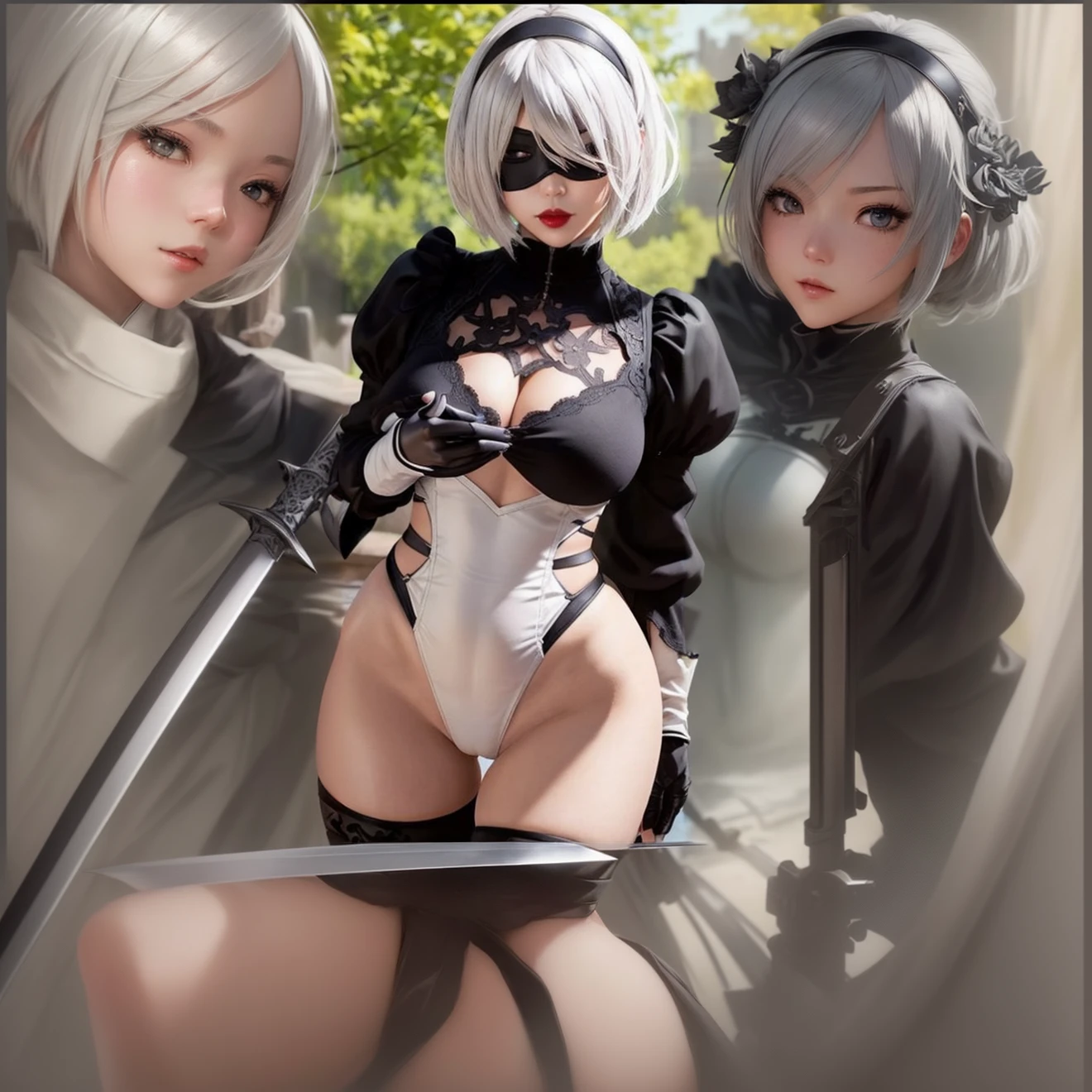 Anime girl with sword and black outfit posing for a photo、2B Nier オートマトン、Nier:Automaton Inspired、Nier オートマタ インスパイア、Nier オートマタの 2 B、Nier オートマタの 2b、2 b、Nier インスパイアー、Nier 2 b、Bad anime 8k、Nier、Female Assassin、8k high quality detailed art