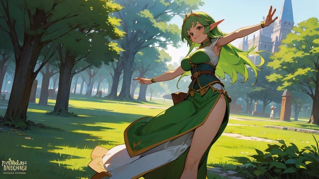 Anime Style,Nostalgic,A detailed background with many people,The medieval world,A palace-like forest,Smiling dancing elf girl,Large Breasts,Healthy thighs,Underarm