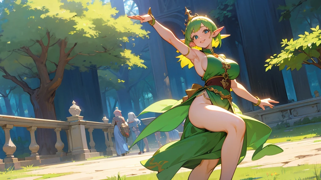 Anime Style,Nostalgic,A detailed background with many people,The medieval world,A palace-like forest,Smiling dancing elf girl,Large Breasts,Healthy thighs,Underarm