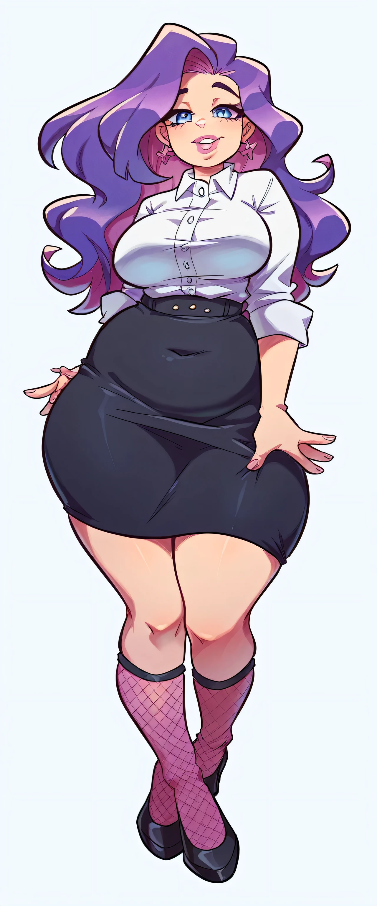 an overweight girl sexy big breast beautiful tenderness long soft wavy purple hair her light blue eye bright pink lip she wears a white shirt under a purple blouse and a short black skirt sexy curve long net socks black big thigh sexy long black heels in love love