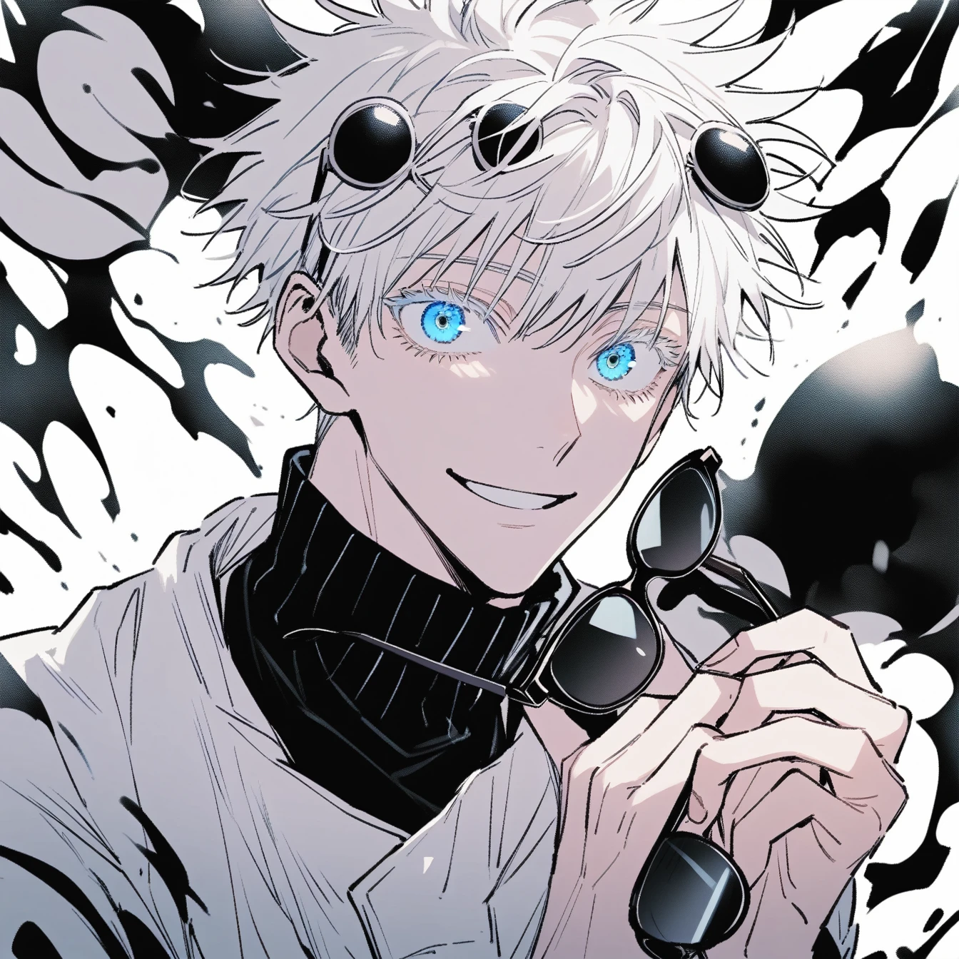 1boy, male focus, gojou satoru, jujutsu kaisen,Anime male character, Comic style without colorlively,and fun-loving, short hair, messy white hair, blue eyes, bright, smiling, confident, with a sense of playfulness, black turtleneck sweater, black round sunglasses (handheld), holding sunglasses in both hands, looking at the camera , simple white background, black and white tones, emphasizing the details of the character's face and hands，black and white monotone