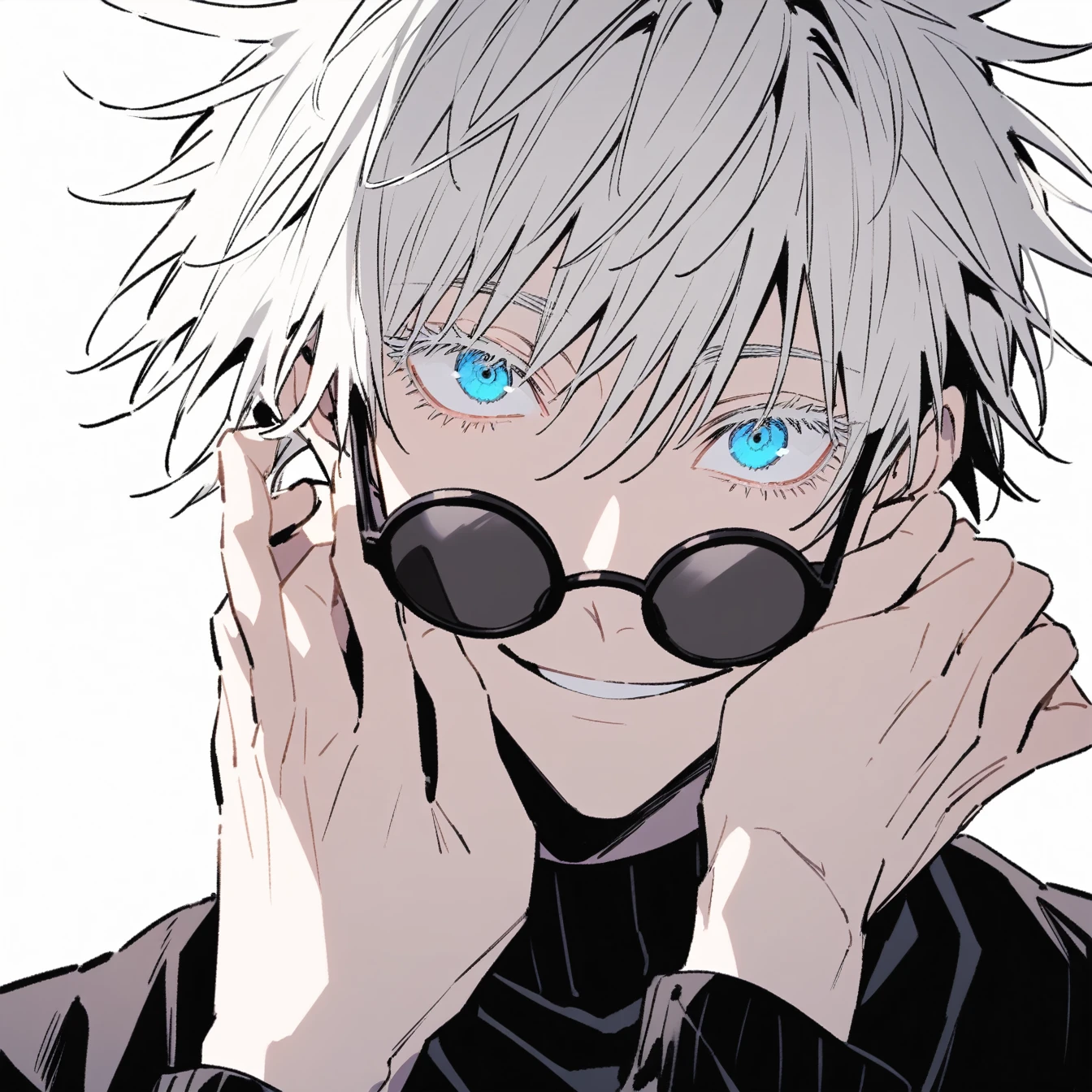 1boy, male focus, gojou satoru, jujutsu kaisen,Anime male character, Comic style without colorlively,and fun-loving, short hair, messy white hair, blue eyes, bright, smiling, confident, with a sense of playfulness, black turtleneck sweater, black round sunglasses (handheld), holding sunglasses in both hands, looking at the camera , simple white background, black and white tones, emphasizing the details of the character's face and hands,black and white monotone
