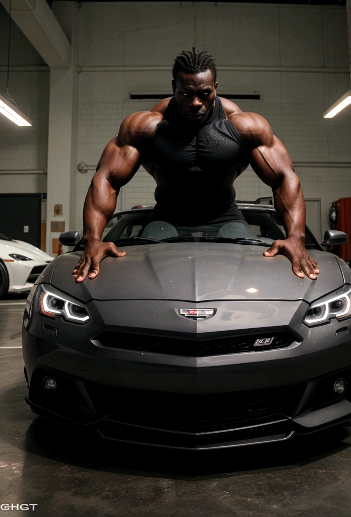 30 year old dark man, muscular, big arms, wearing sports clothes, surrounded by a sports car and many women
