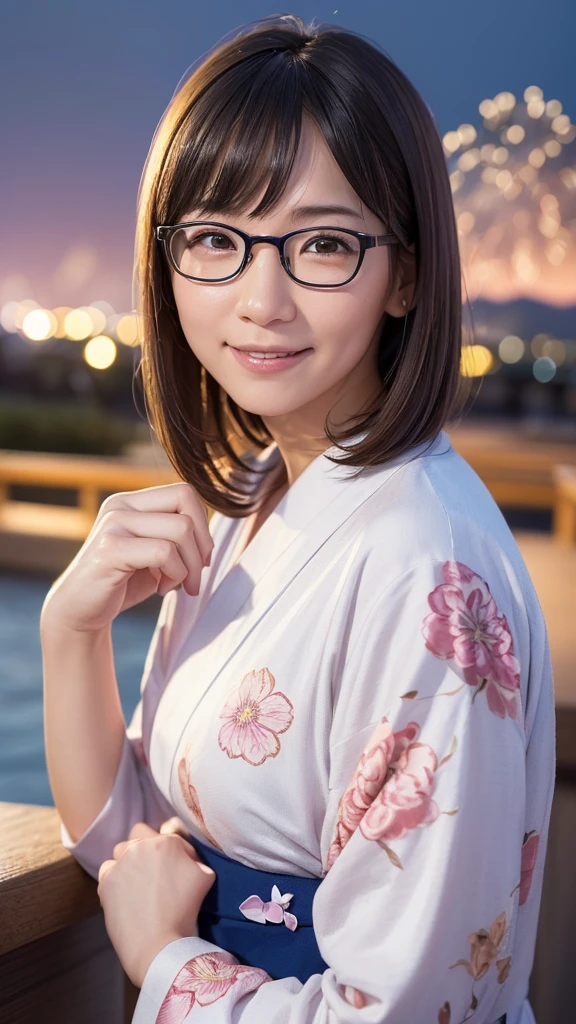 Japanese girl looking at the viewer, posing with a smile (highest quality, masterpiece))), (wear(Navy Yukata(floral pattern)、High resolution, very detailed, masterpiece, cinematic lighting, (8K, highest quality, masterpiece: 1.2), (realistic, photorealistic: 1.37) high resolution, Super detailed, 1 girl, woman wearing glasses, thin frame round glasses, light colored glasses frames, ASİAN, cute, cute face, alone, short hair 1.2, rough skin, beautiful smile, beautiful detailed sky, Details cafe, night, movie lighting, Depth of the bounds written, lens flare light, On a date, (blush), (smile: 1 ),(closed your mouth), Beautiful eyes in every detail, (long hair: 1.2 floating hair nova frog style,Spectacular fireworks bursting into the night sky