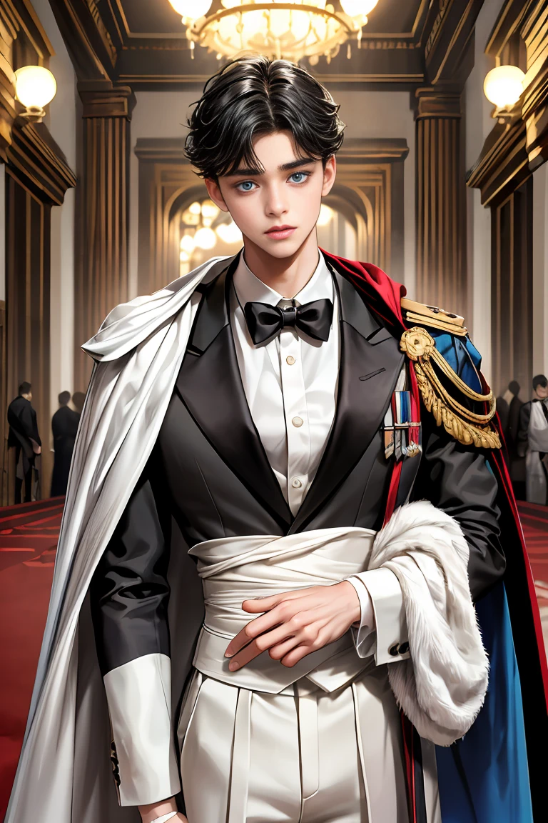 masterpiece, 最high quality, high quality, 1 boy, alone, Male focus, Watching the audience, Messy black hair, Adorable big blue eyes, White people, Noble, Noble,Sexy voluminous cape、Tuxedo、A very voluminous, large, very large, very large, long, long red and black cape with a high stand-up collar, made of a lot of fabric that reaches down to the floor., 17 years old,Cute beautiful boys,Cute, cute, kind, handsome guy