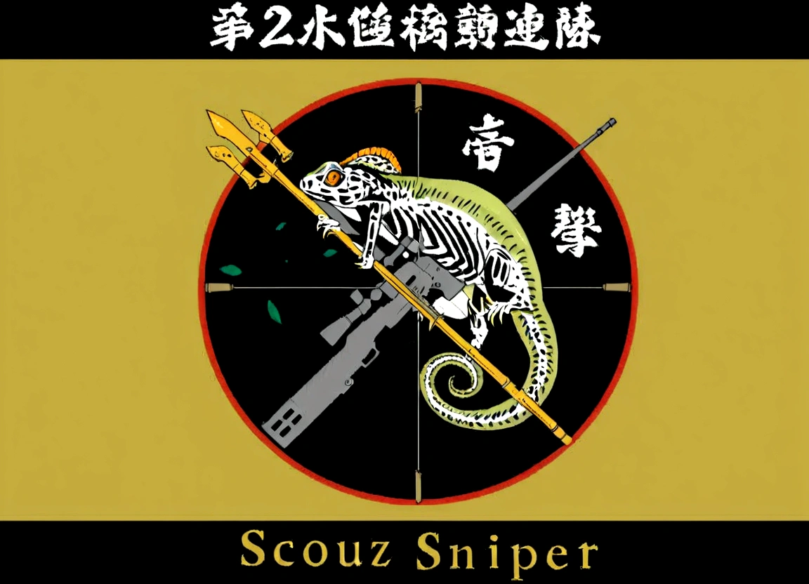 Close-up of a lizard with a gun in its hand, Sniper, Cover art, shoulder patch design, of a Sniper girl in war, Album cover, Sniper,Album art cover, large caliber Sniper fire, Album artwork, 🔥 😎 🕹️ 👀 :2, 🕹️ 😎 🔫 🤖 🚬, patch design, album