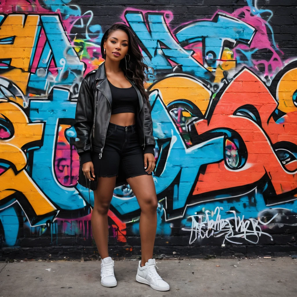 Prompt: Envision capturing a shot of a vibrant, bold stunningly beautiful woman against the backdrop of graffiti-filled urban walls. This scene should reflect the raw energy and expressive nature of urban street art. Graffiti is all about making a statement - it's loud, colorful, and unapologetically honest. Your subject, the woman, should embody this spirit – her style, stance, and expressions revealing insights into her character. Use natural or urban lighting to bring out the vivid colors of the graffiti, casting dramatic shadows that highlight the texture and depth of the artwork behind her. Embrace the wide view of the graffiti-covered cityscape as an intriguing backdrop subtly suggesting her connection to street culture. But remember to keep her as your main focus. When framing your shot, ensure you leave ample space around her. This not only adheres to photographic rules of composition but also emphasizes her dominance within this vast canvas. Avoid cluttering your shot with too many elements, maintaining graffiti's raw and minimalist approach. Instead aim to capture an atmospheric portrait that weaves a story about the woman, her personality and her relationship with the urban environment surrounding her. Consider using equipment like Canon EOS 5D Mark IV & EF 24-70mm f/2.8L II USM for detailed capture and wide-angle possibilities. Remember, your goal goes beyond just snapping a photo - it's about crafting a narrative that reflects graffiti’s boldness and expressiveness.